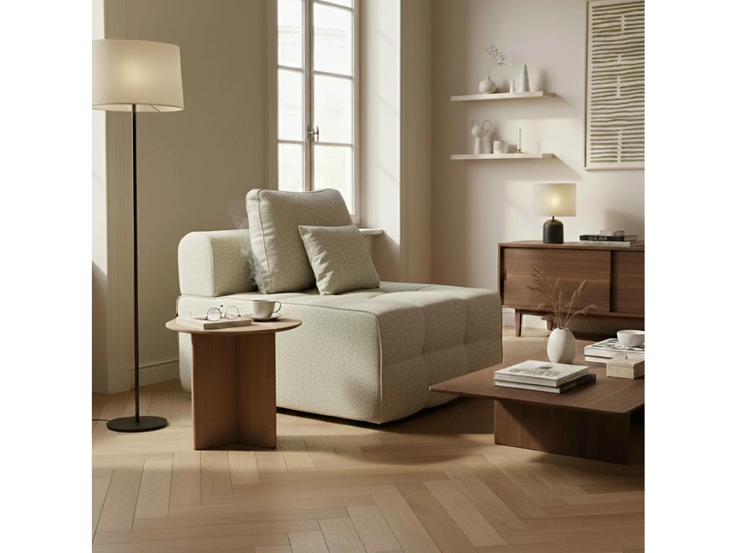 Chauffeuse pour canapé modulable 1 place en tissu écru L 83 cm