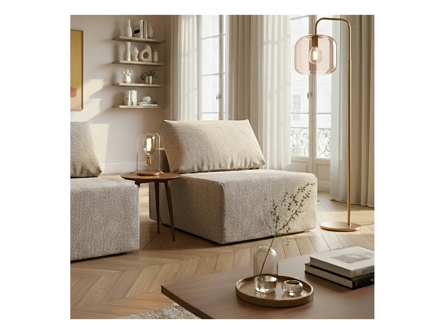 Fauteuil en tissu pour canapé modulable avec coussin écru