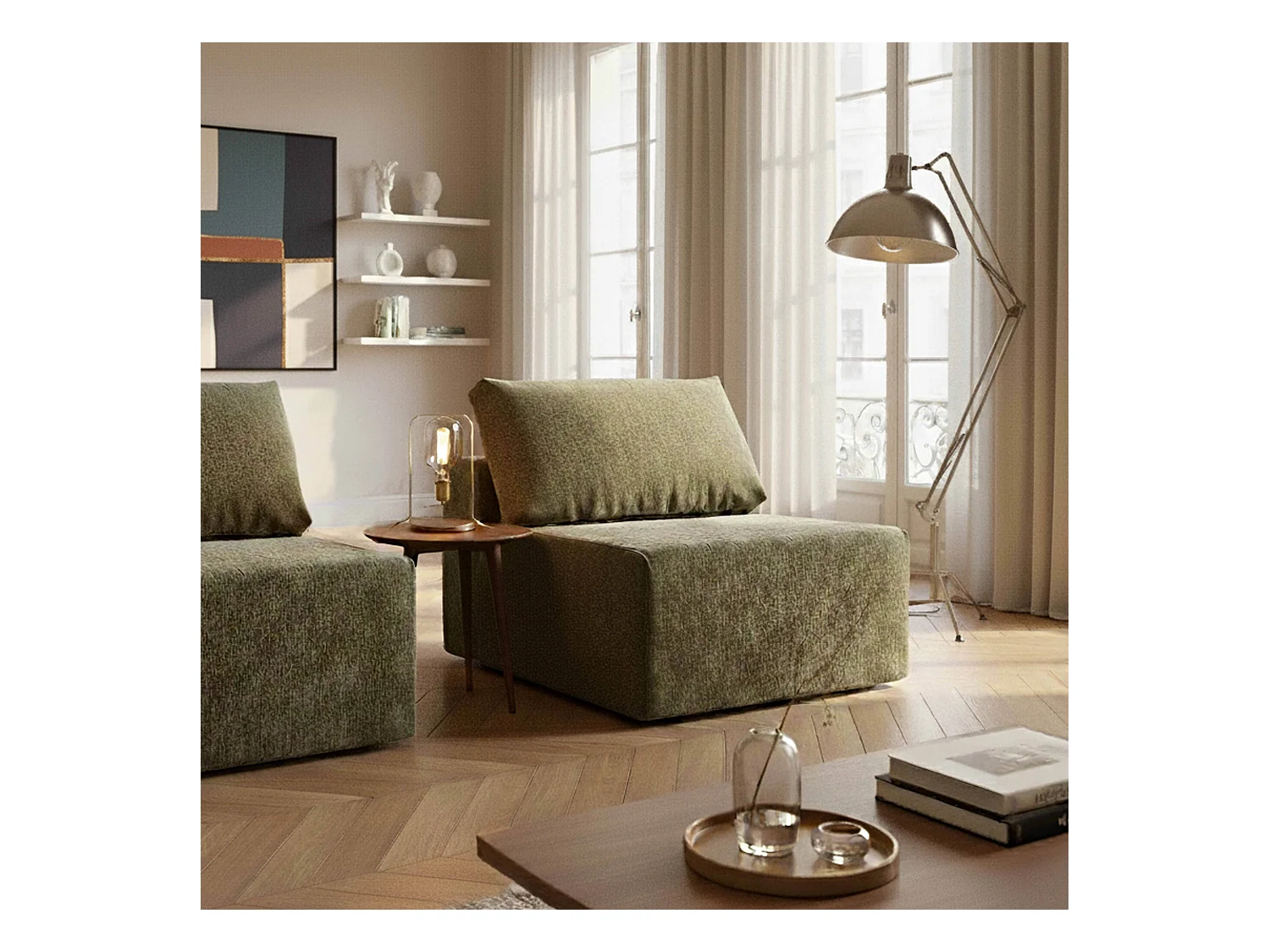 Fauteuil en tissu pour canapé modulable avec coussin vert