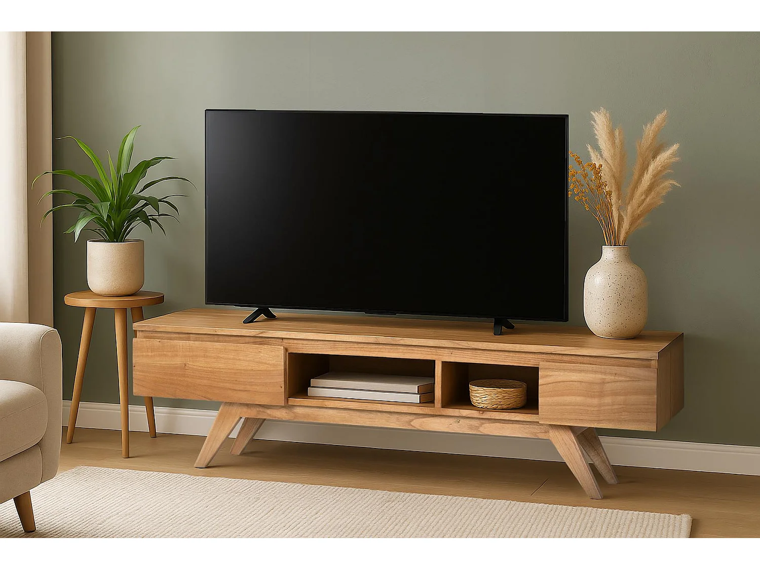 TV-Schrank aus massivem Mindi-Holz mit Fächern