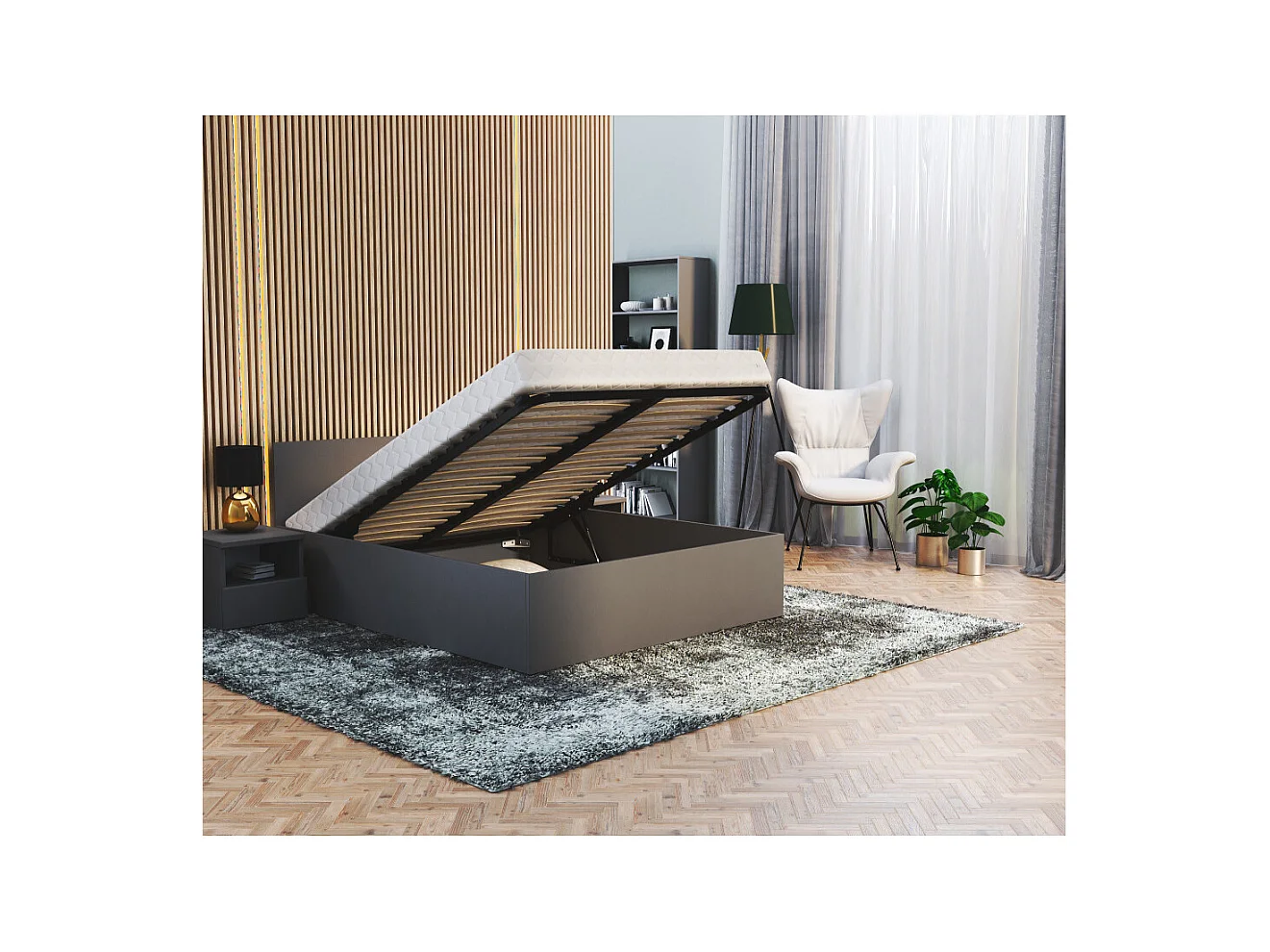 Lit coffre Paris 120 x 190 cm avec sommier à lattes relevable Gris