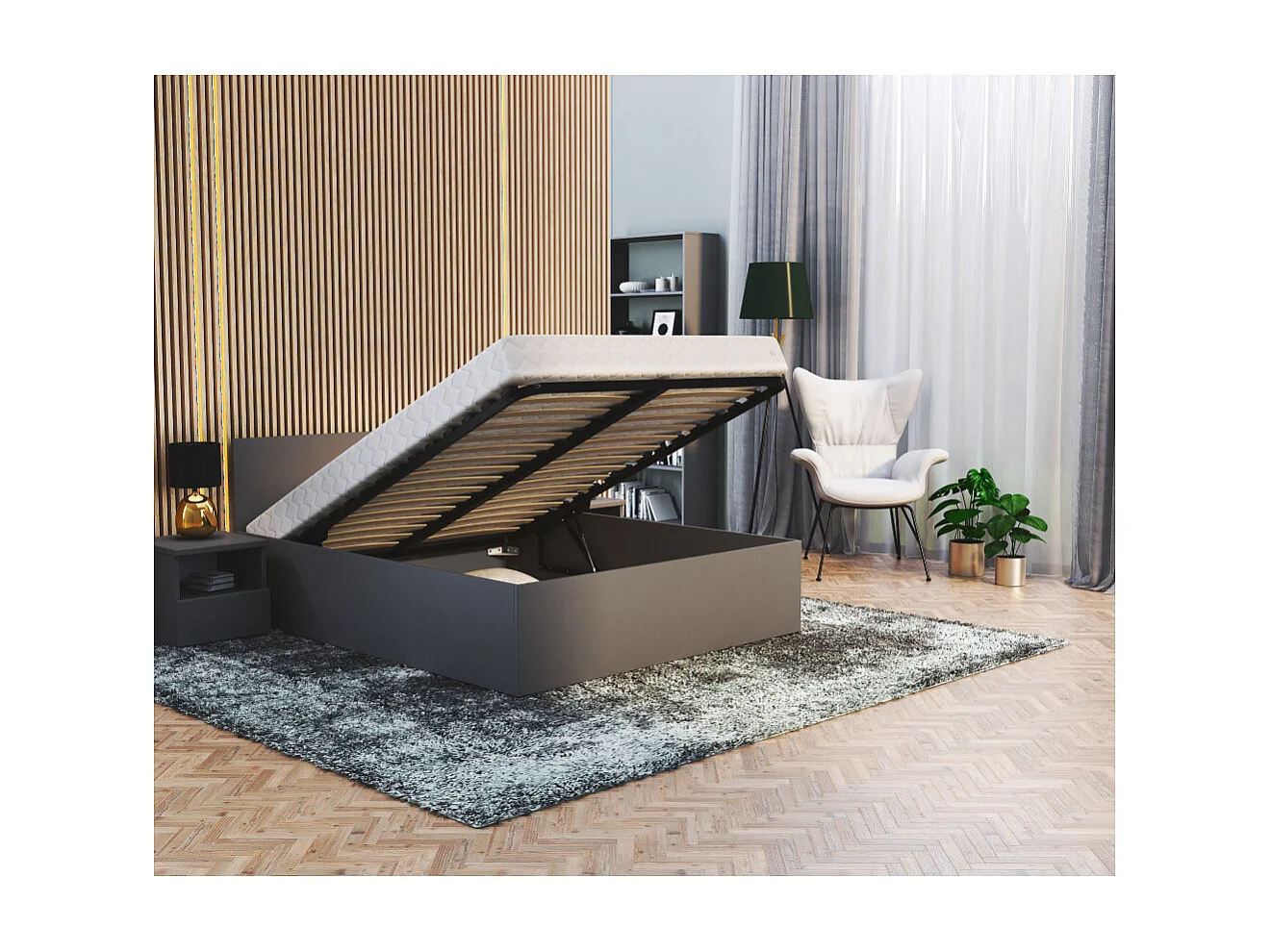 Lit coffre Paris 120 x 190 cm avec sommier à lattes relevable Gris