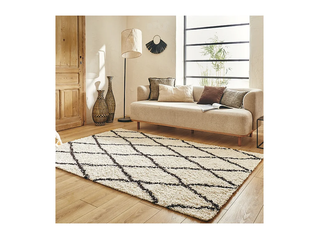 Tapis intérieur shaggy. poils longs. style berbère. blanc et noir 160 x 230 cm - Robby