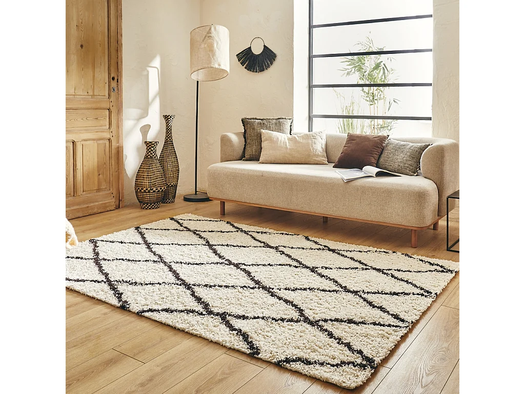 Tapis intérieur shaggy. poils longs. style berbère. blanc et noir 160 x 230 cm - Robby