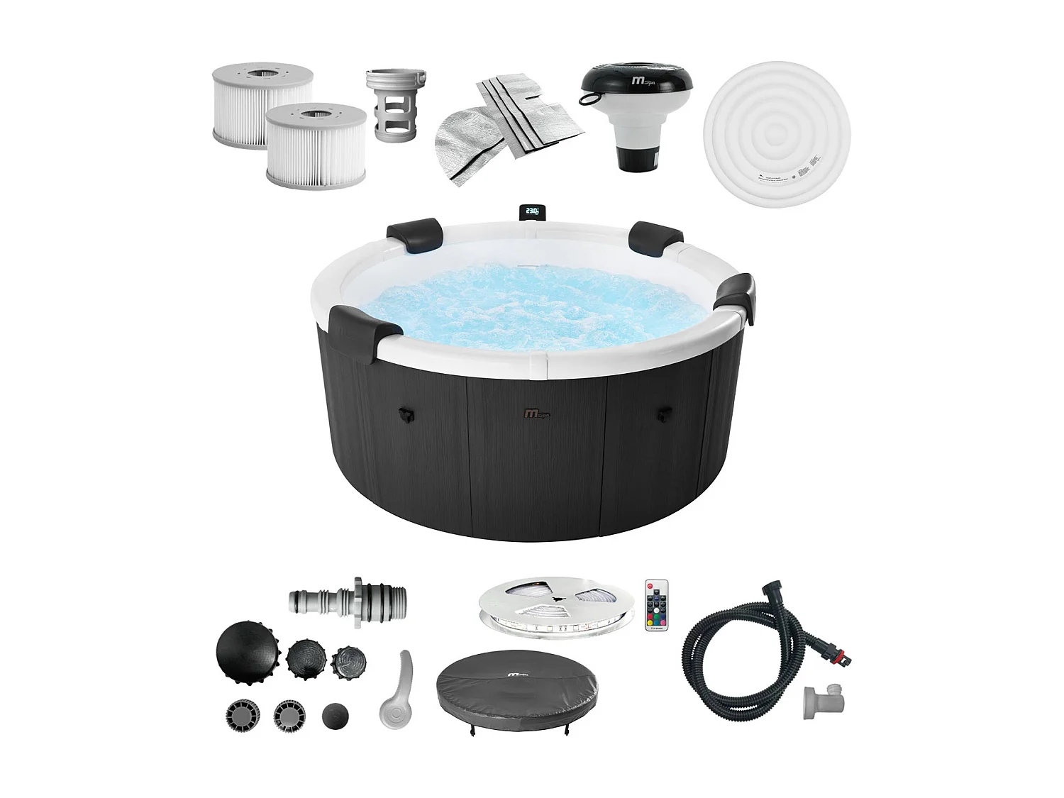 Spa rigide 6 places 180cm rond hydromassage 4 coussins bâche + housse anthracite - Denver