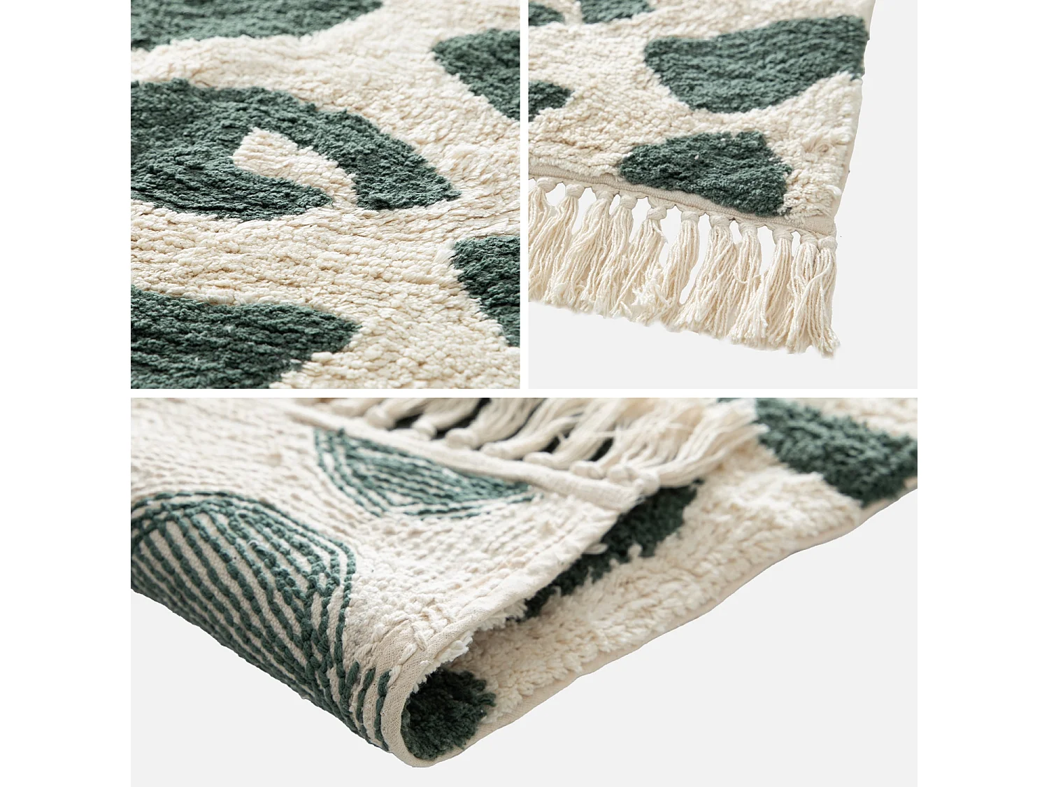 Tappeto interno cotone motivo maculato verde scuro con frange