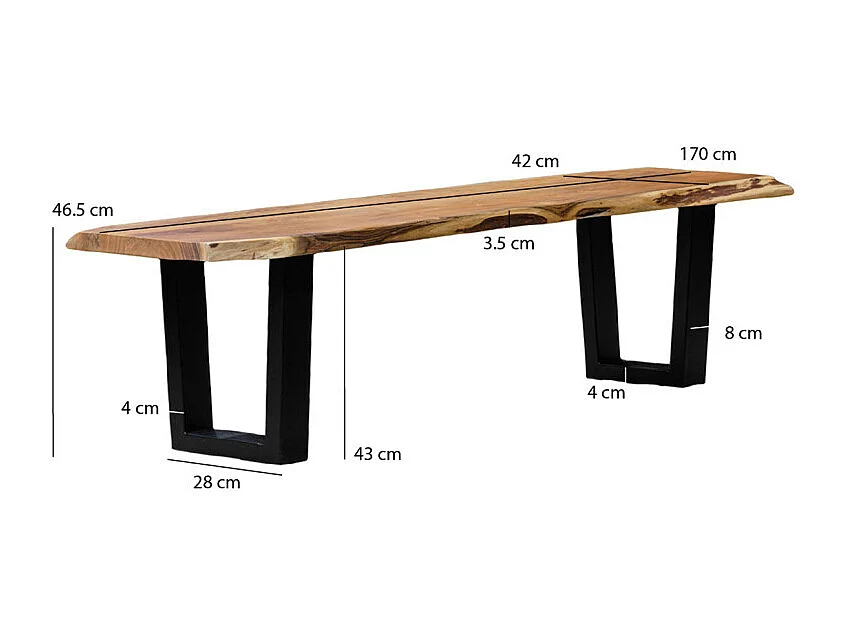 Banc L. 170 cm bois d'acacia et pieds trapèze métal noir - OTTAWA