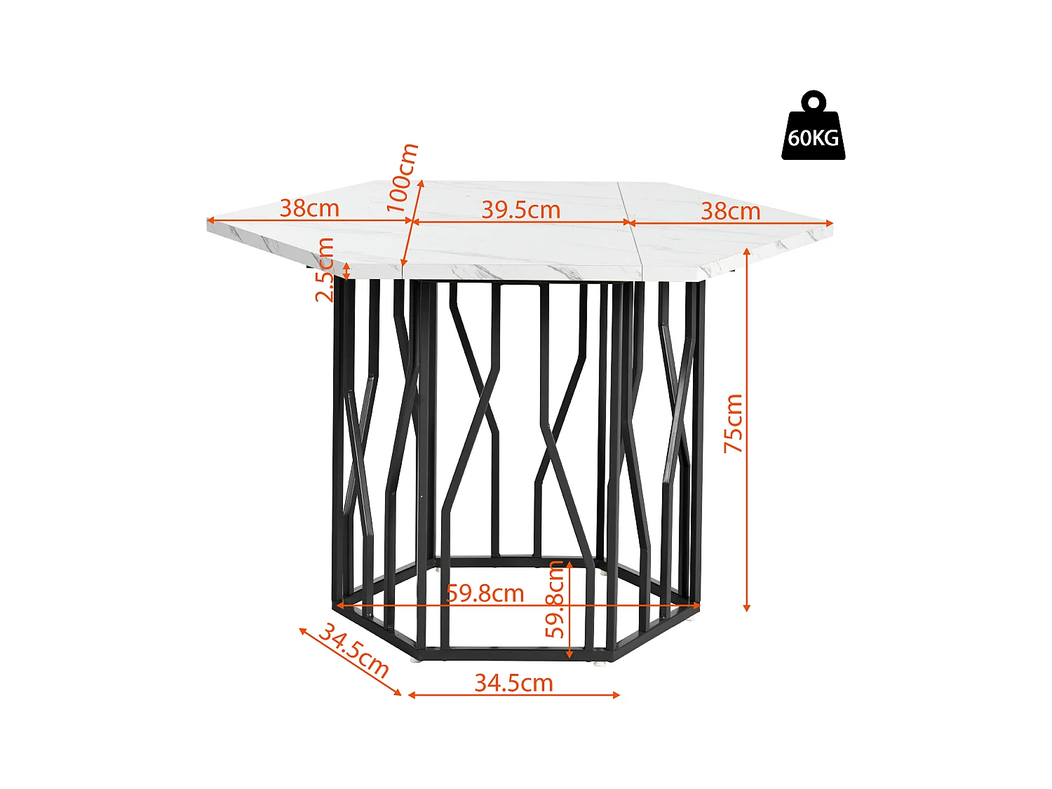 Table à manger blanc - Table à manger avec plateau hexagonal et structure en métal noir -  pour la salle à manger et le salon