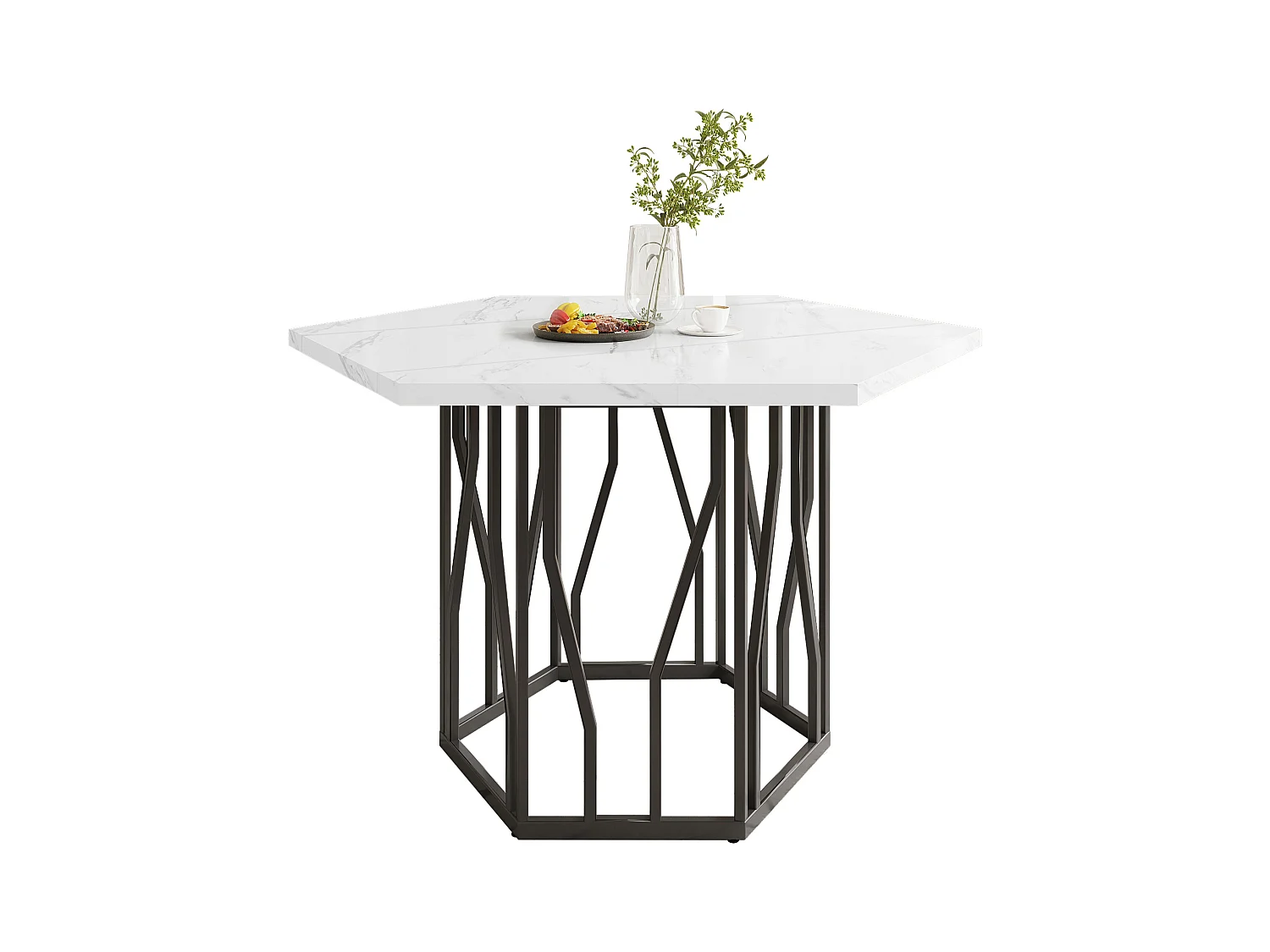 Table à manger blanc - Table à manger avec plateau hexagonal et structure en métal noir -  pour la salle à manger et le salon