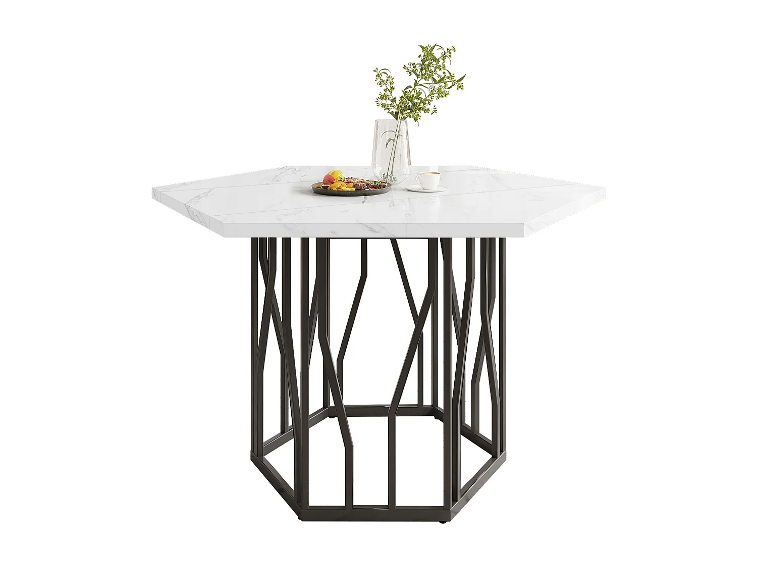 Table à manger blanc - Table à manger avec plateau hexagonal et structure en métal noir -  pour la salle à manger et le salon