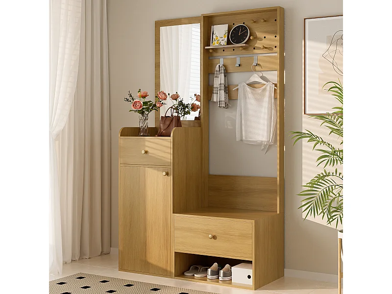Porte-manteau en bois avec miroir - Vestiaire à 2 tiroirs et 1 porte - rangement ouvert et crochets