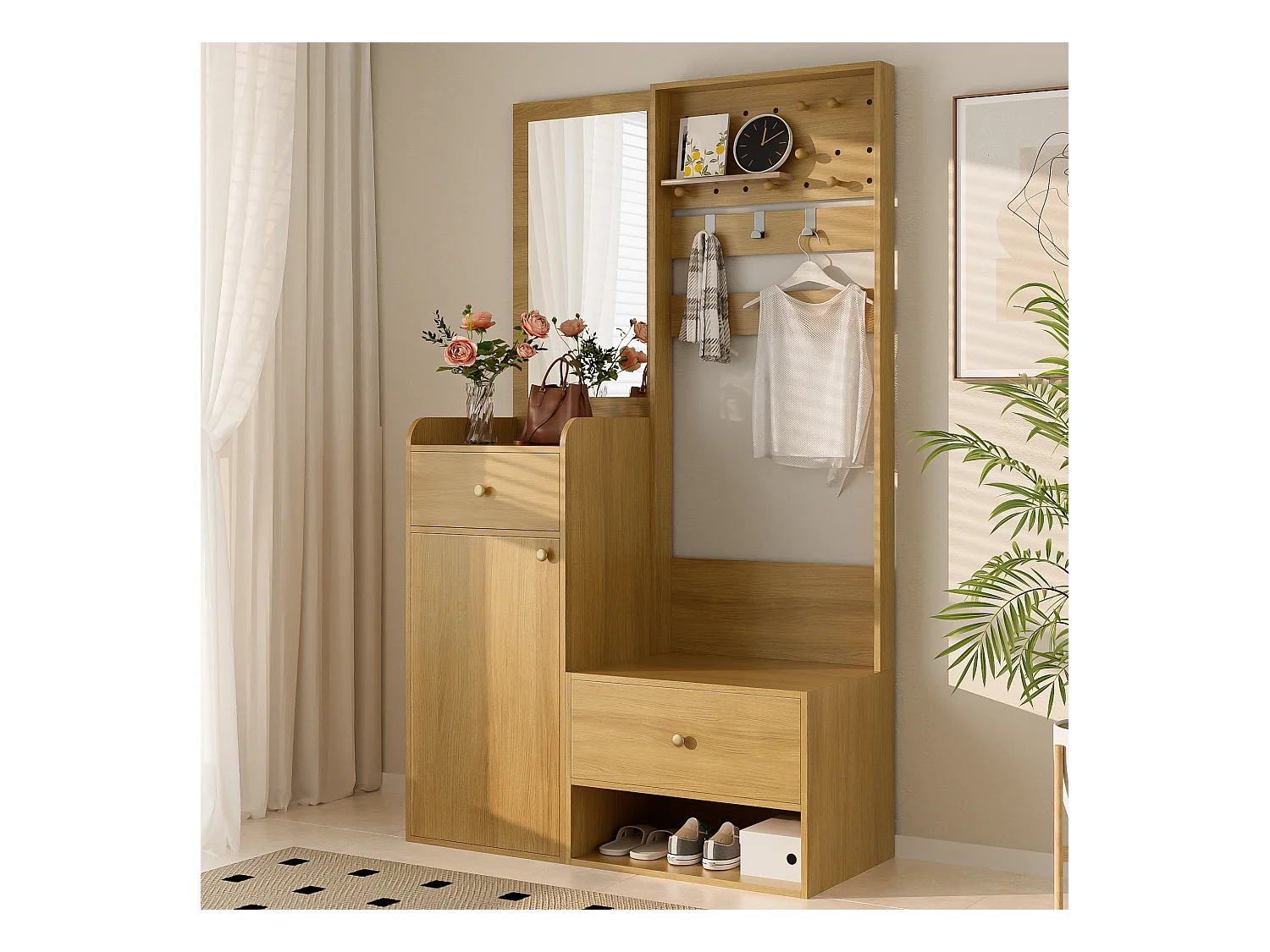 Holzgarderobe mit Spiegel – 2 Schubladen, 1 Tür – offener Stauraum und Haken