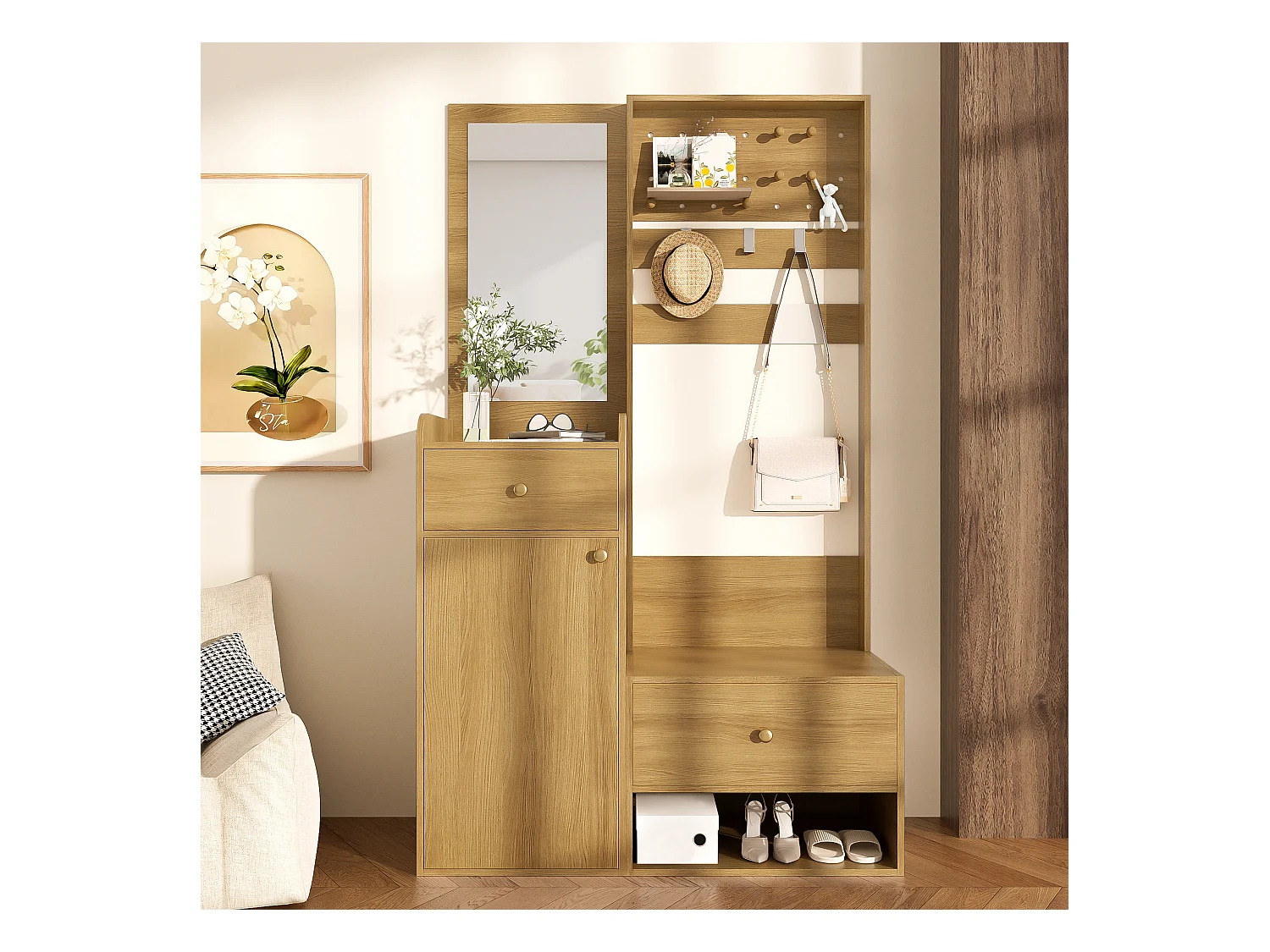 Holzgarderobe mit Spiegel – 2 Schubladen, 1 Tür – offener Stauraum und Haken