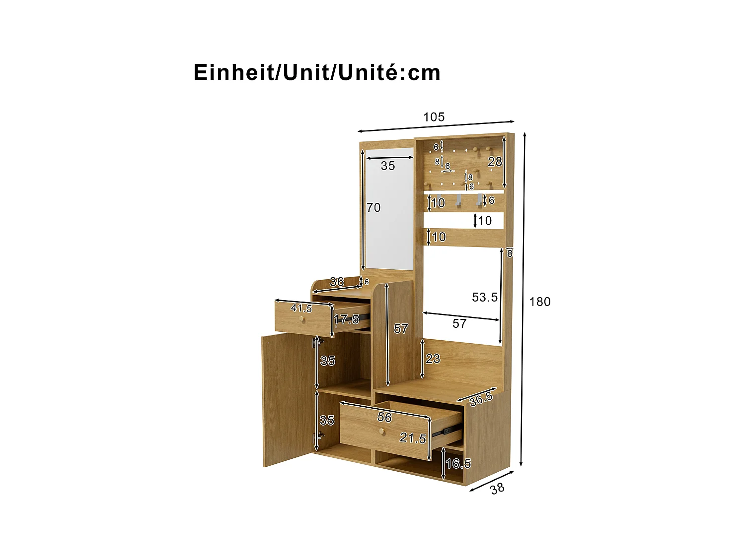 Holzgarderobe mit Spiegel – 2 Schubladen, 1 Tür – offener Stauraum und Haken