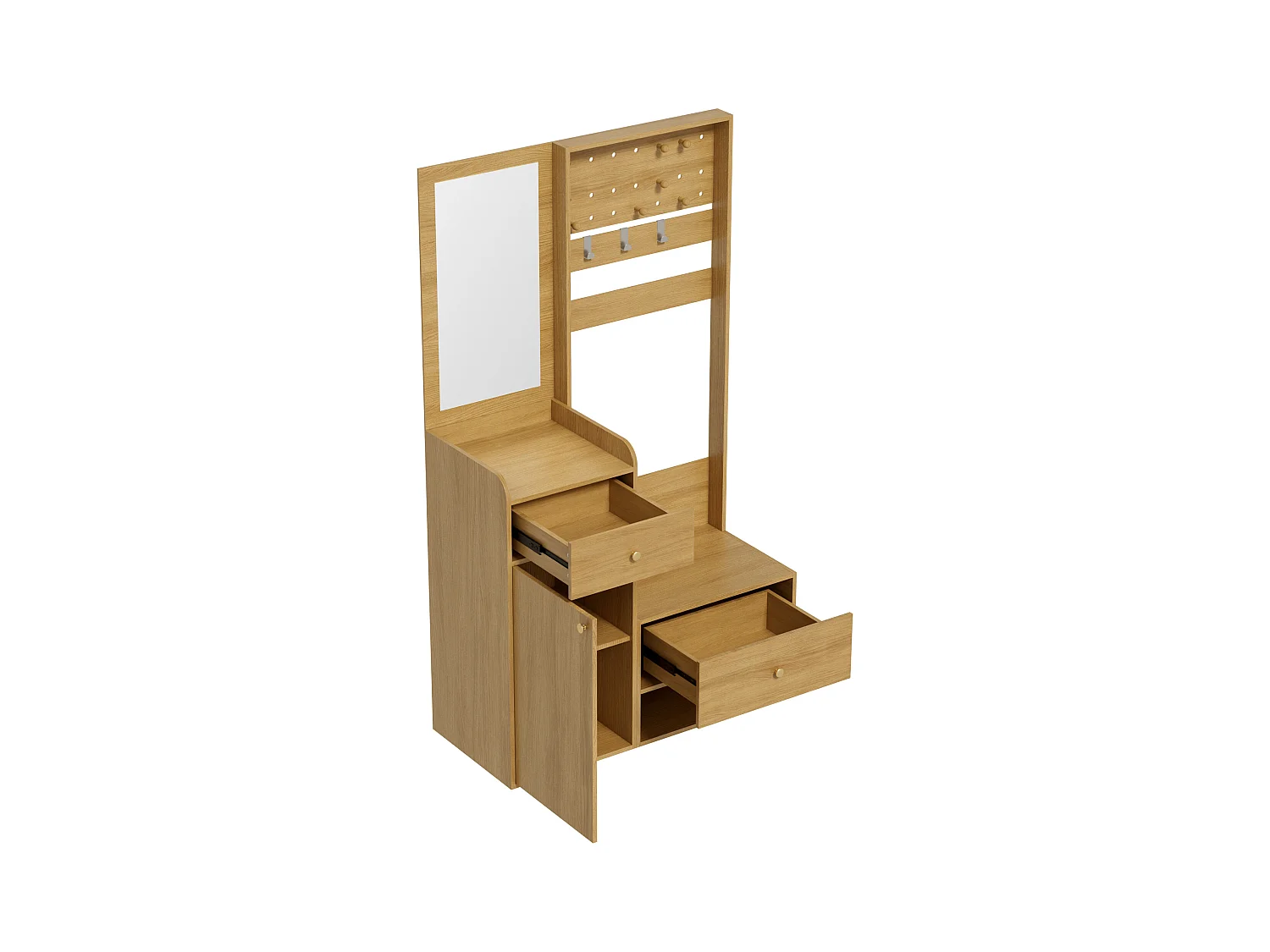 Holzgarderobe mit Spiegel – 2 Schubladen, 1 Tür – offener Stauraum und Haken