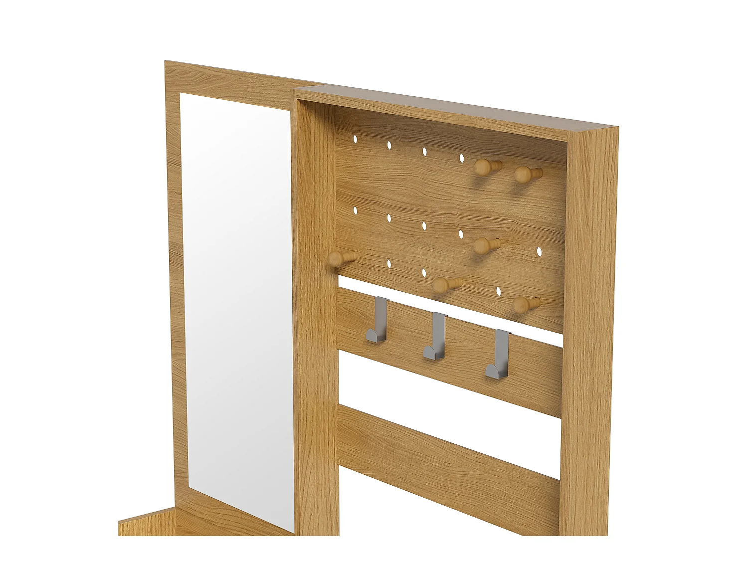 Holzgarderobe mit Spiegel – 2 Schubladen, 1 Tür – offener Stauraum und Haken