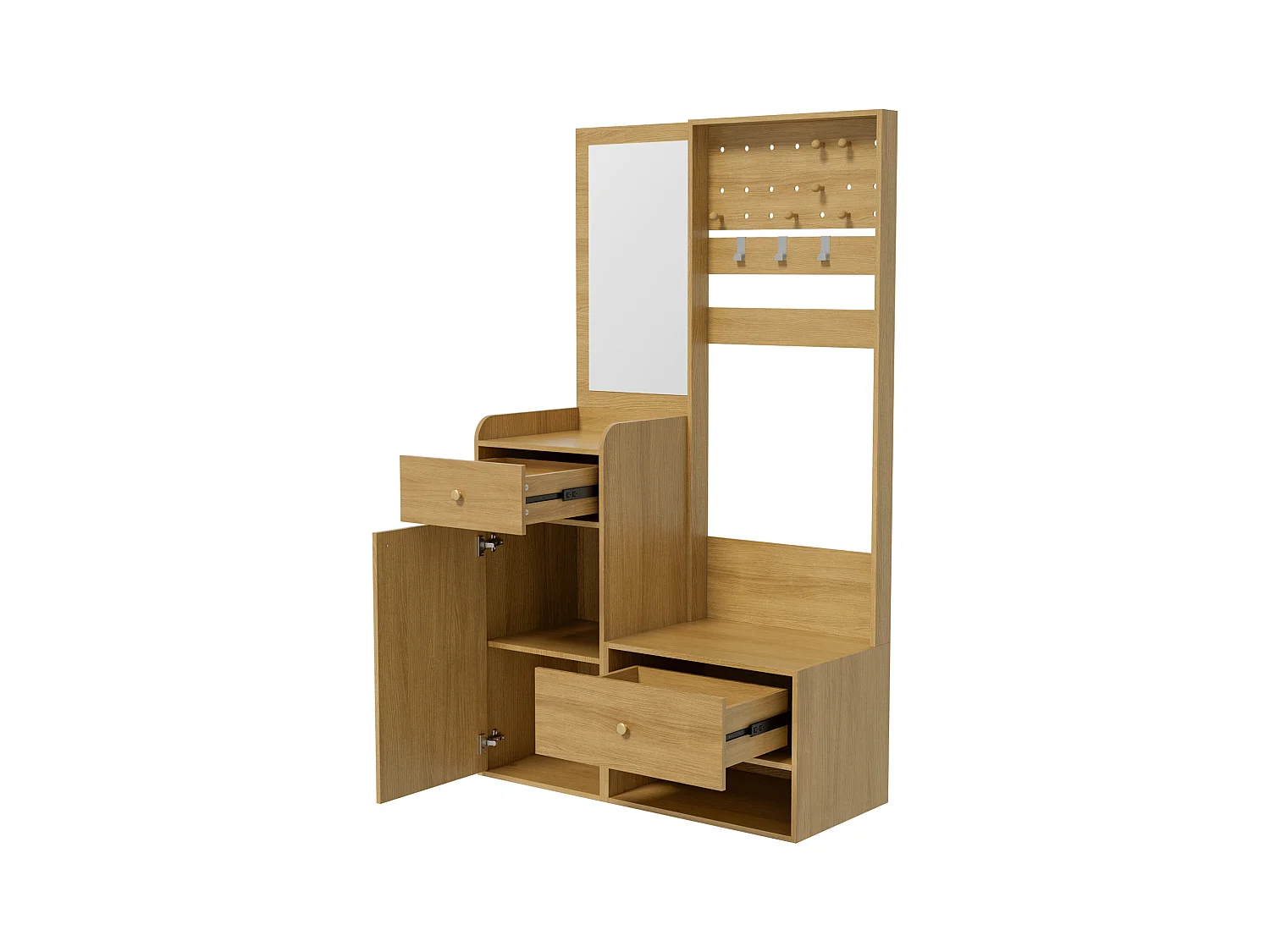 Holzgarderobe mit Spiegel – 2 Schubladen, 1 Tür – offener Stauraum und Haken