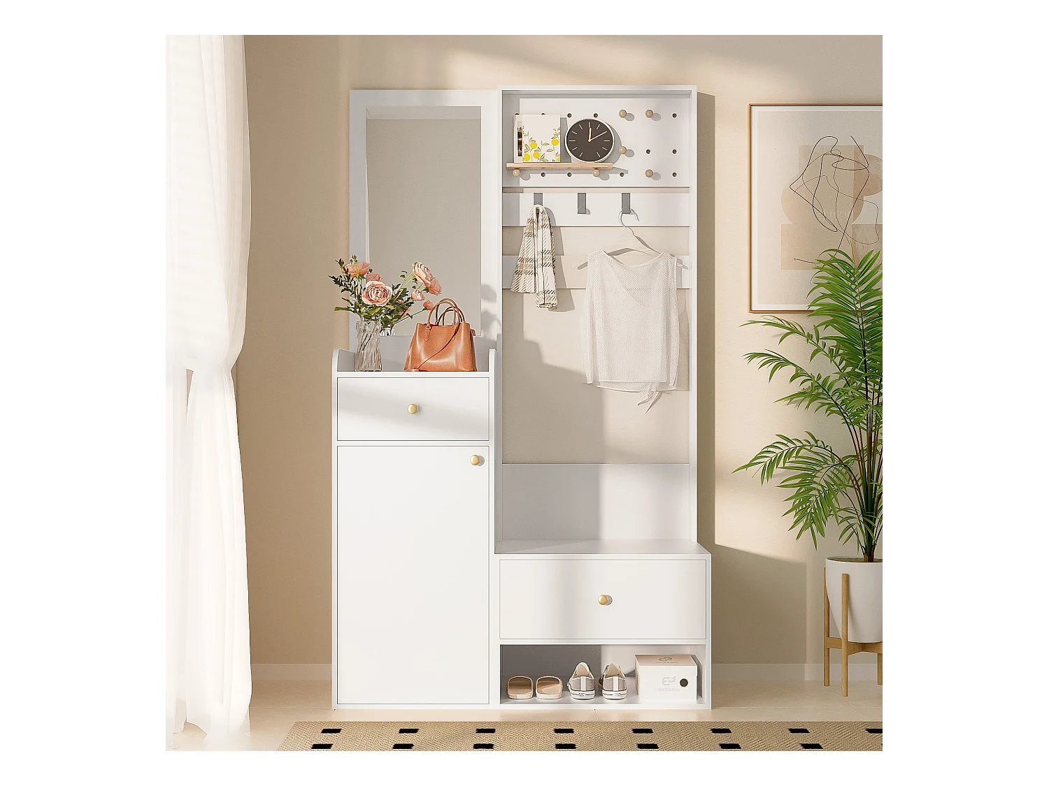 Witte kapstok met spiegel - 2 laden, 1 deurskast - open opbergruimte en haken
