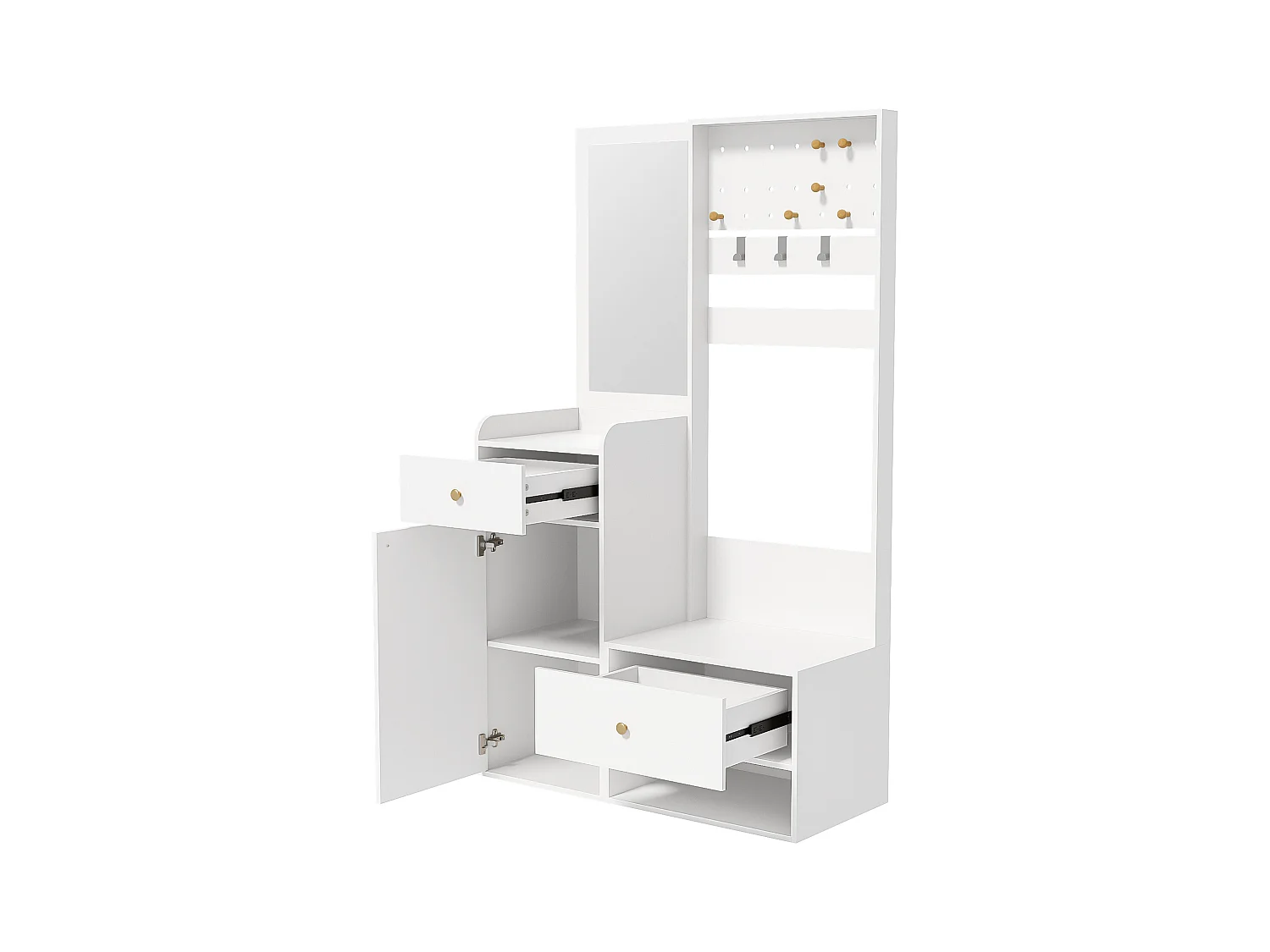 Witte kapstok met spiegel - 2 laden, 1 deurskast - open opbergruimte en haken