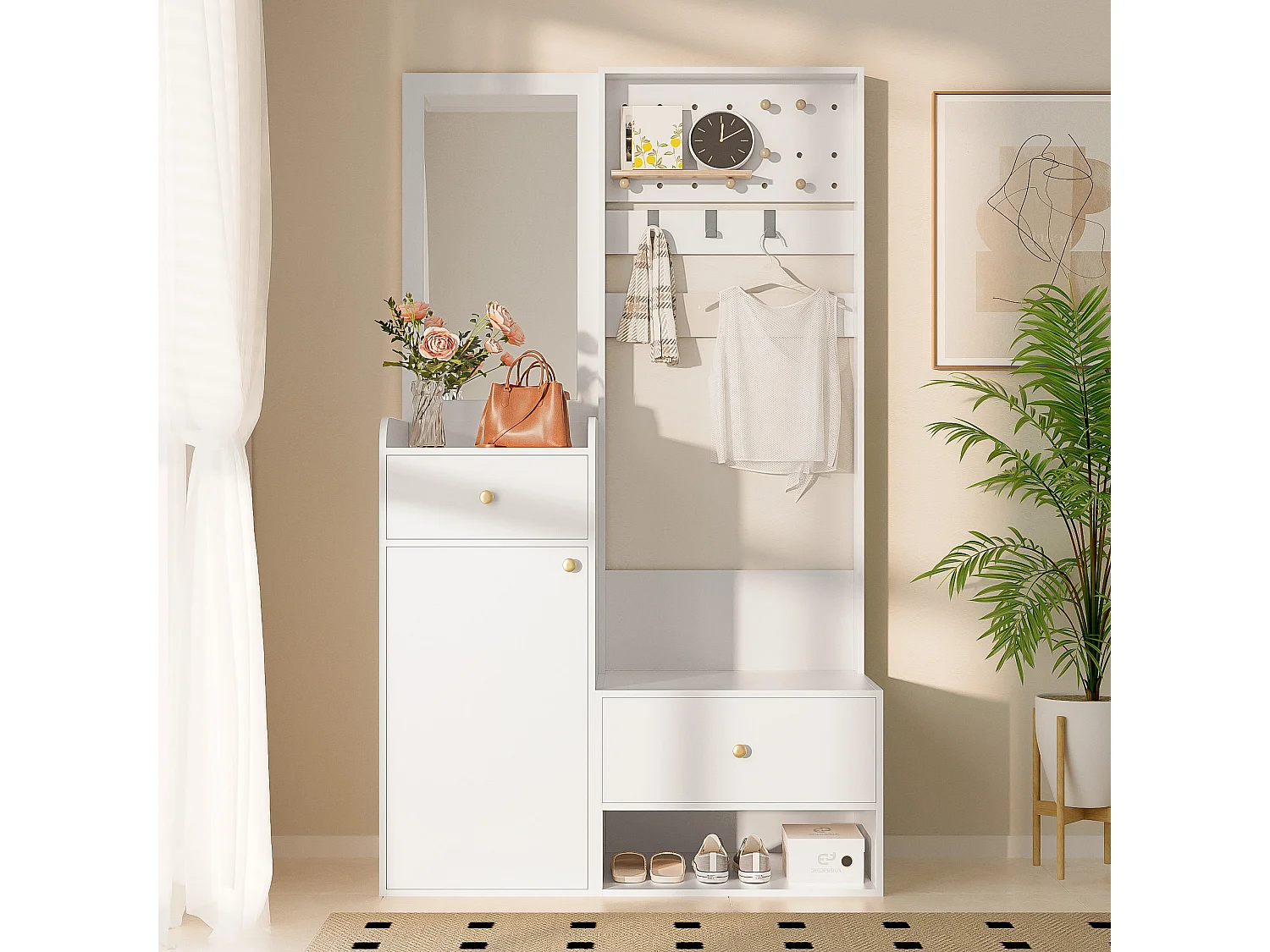 Porte-manteau blanc avec miroir - Vestiaire à 2 tiroirs et 1 porte - rangement ouvert et crochets