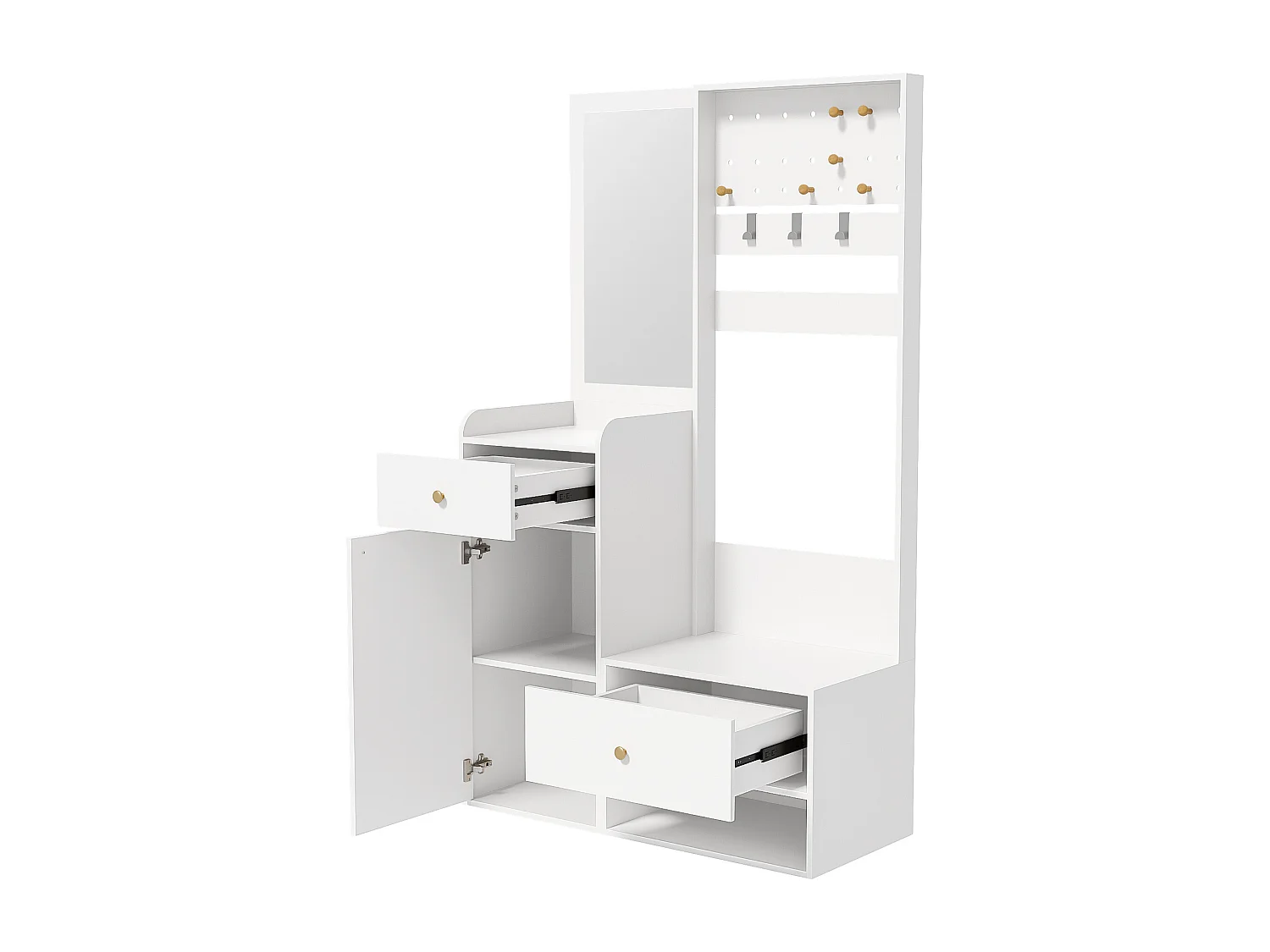 Porte-manteau blanc avec miroir - Vestiaire à 2 tiroirs et 1 porte - rangement ouvert et crochets