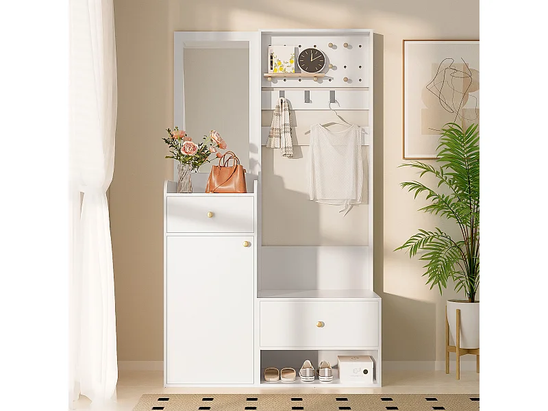 Appendiabiti bianco con specchio - Armadio a 2 cassetti e 1 anta - Vano portaoggetti aperto e ganci