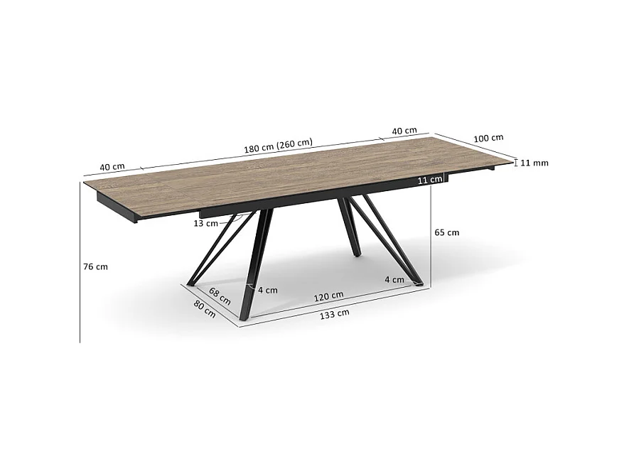 Table 180 à 260 cm céramique effet bois pieds en V - TEXAS 10