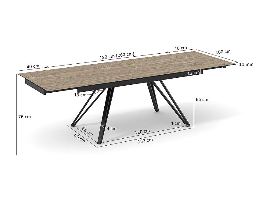 Table 180 à 260 cm céramique effet bois pieds en V - TEXAS 10