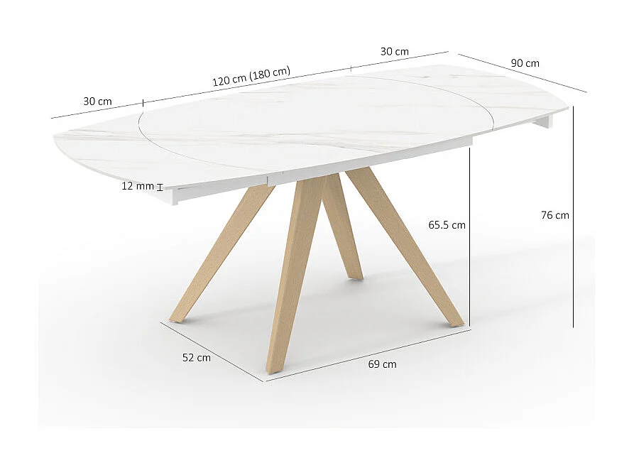 Table extensible ovale 120 à 180 cm céramique blanc pieds bois - DELFI