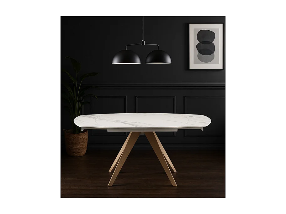 Table ovale 140 à 200 cm céramique calacatta blanc pieds bois - DELFI