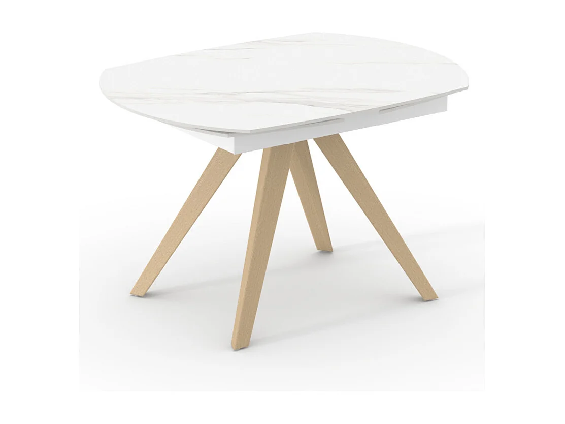 Table ovale 140 à 200 cm céramique calacatta blanc pieds bois - DELFI