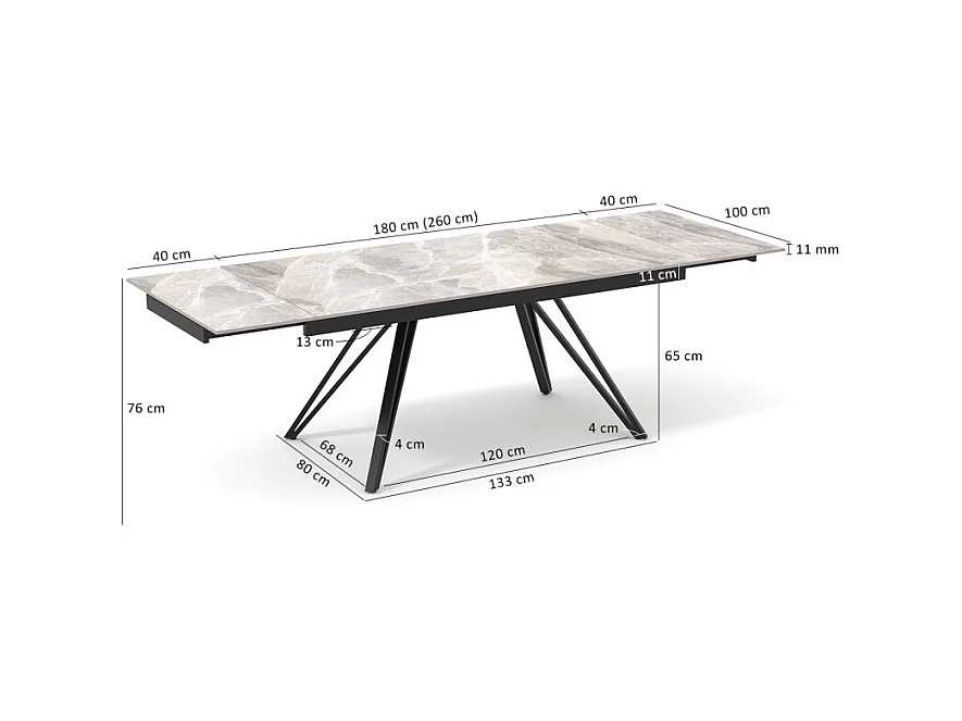 Table 180 à 260 cm céramique marbré laqué pieds en V - DAKOTA 10