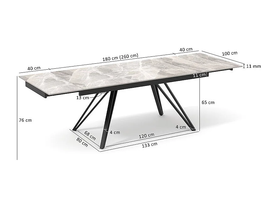 Table 180 à 260 cm céramique marbré laqué pieds en V - DAKOTA 10
