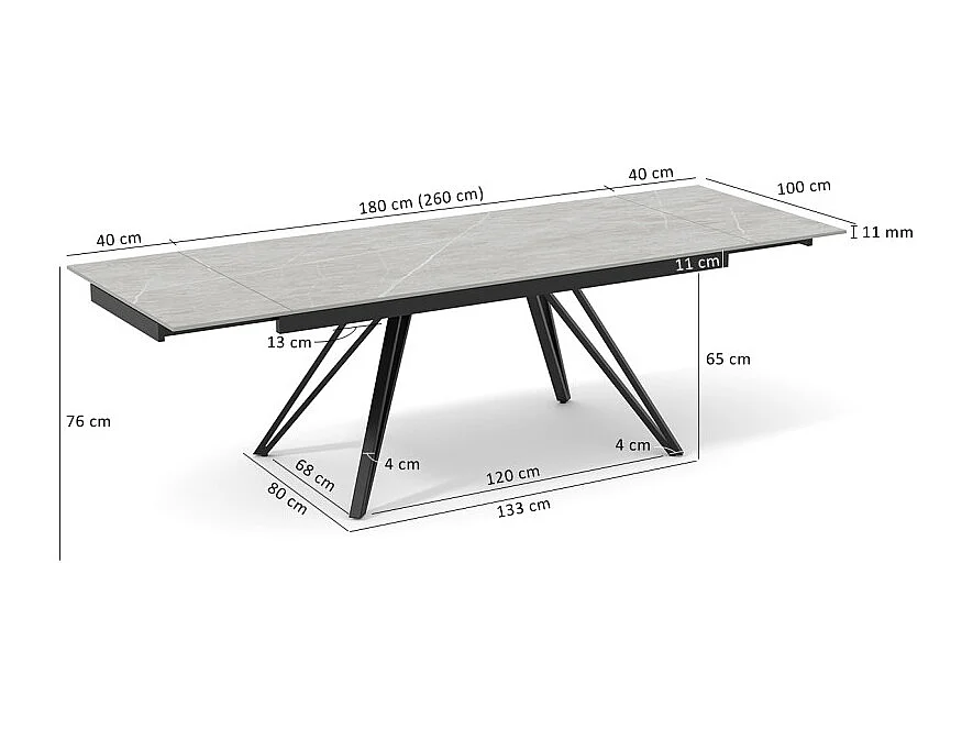 Table extensible 180 à 260 cm céramique gris marbré pieds en V - ARIZONA 10