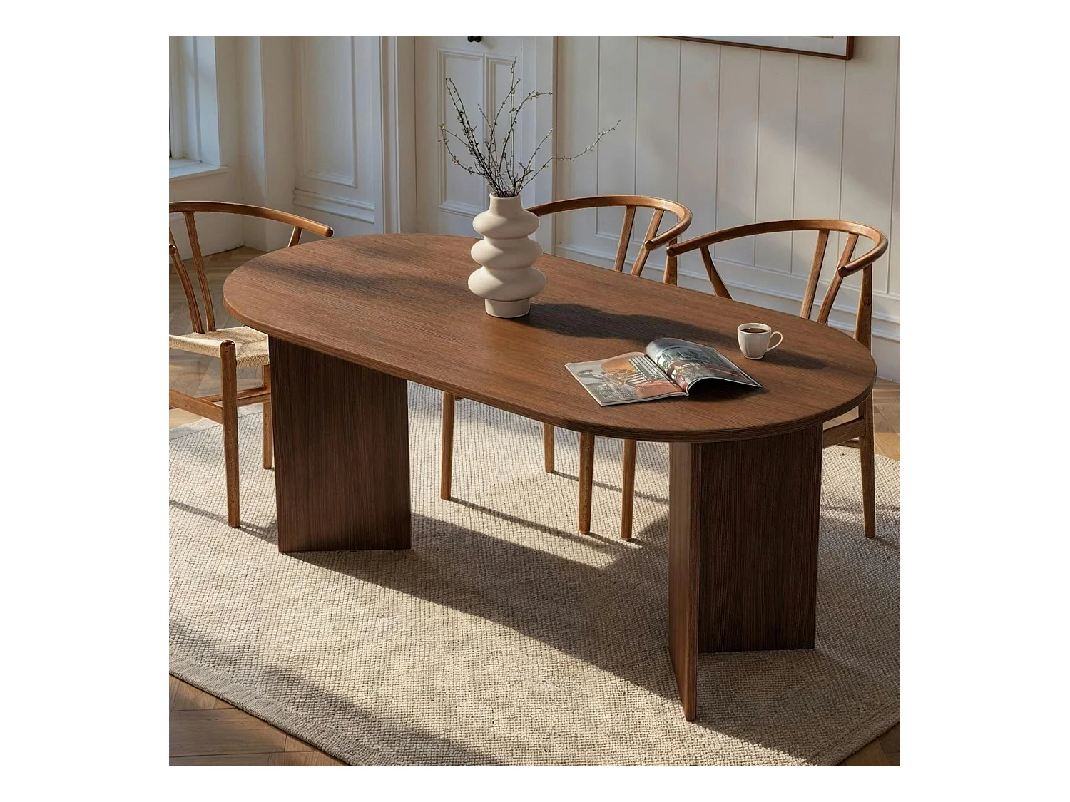 Table à manger ovale effet bois noyer pieds en V 200 cm MARFA