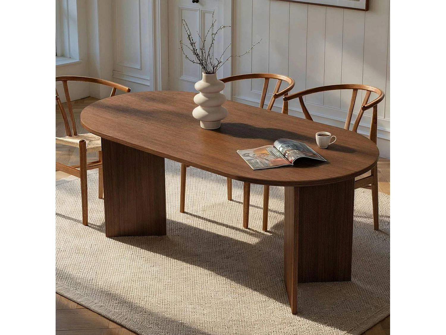 Table à manger ovale effet bois noyer pieds en V 200 cm MARFA