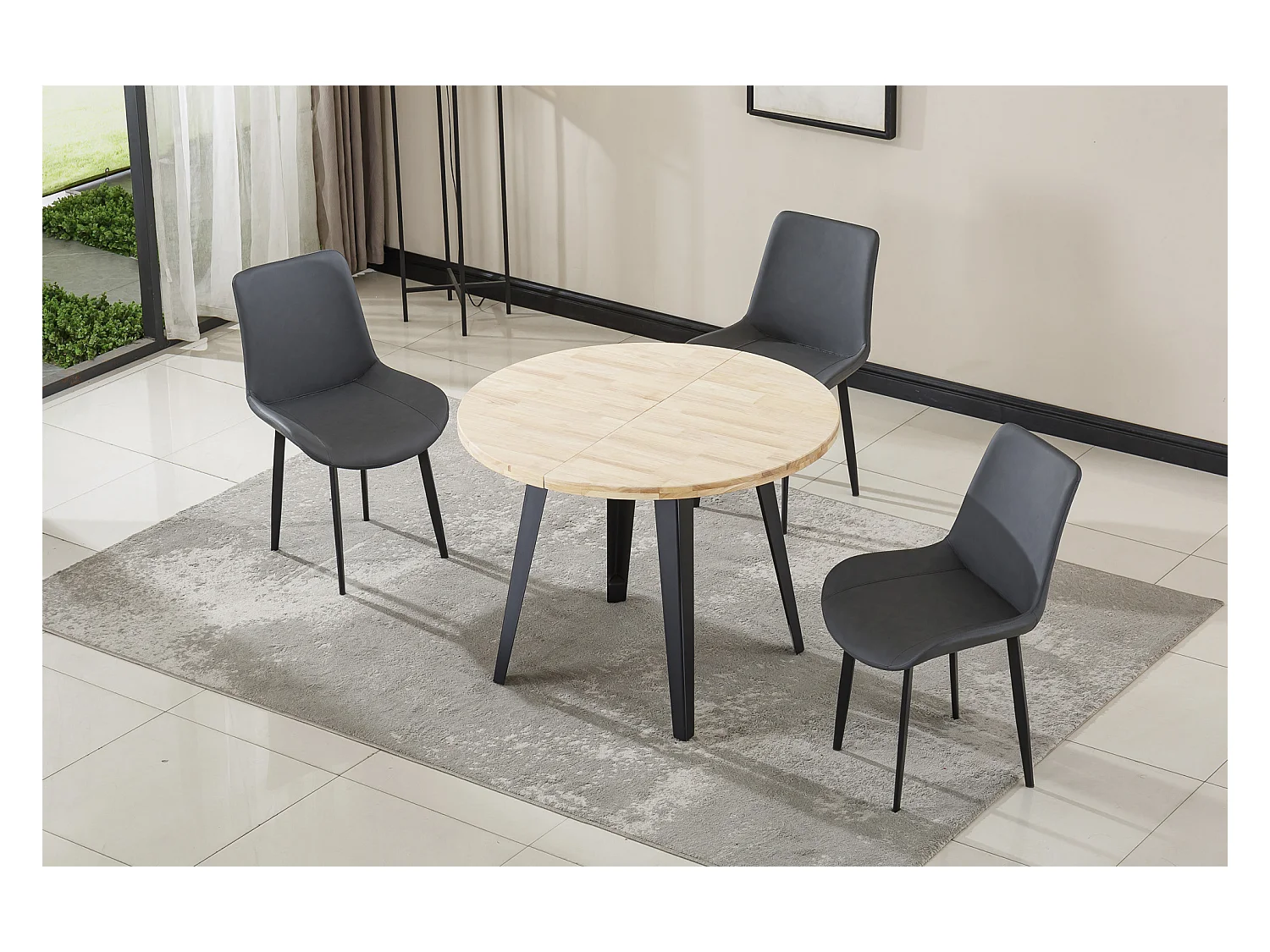 Table à manger ronde extensible coloris chêne nordique, pieds en métal noir - Longueur 100 - 140 - 180 x largeur 100 x Hauteur 76cm
