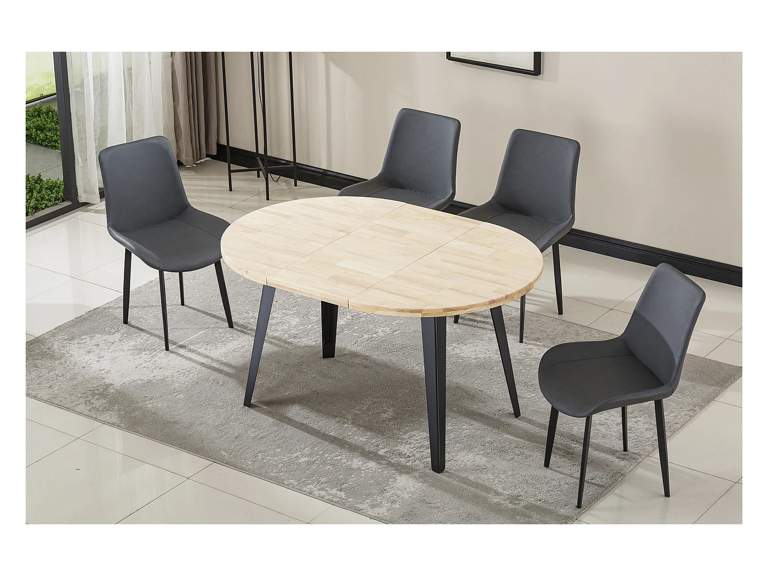 Table à manger ronde extensible coloris chêne nordique, pieds en métal noir - Longueur 100 - 140 - 180 x largeur 100 x Hauteur 76cm