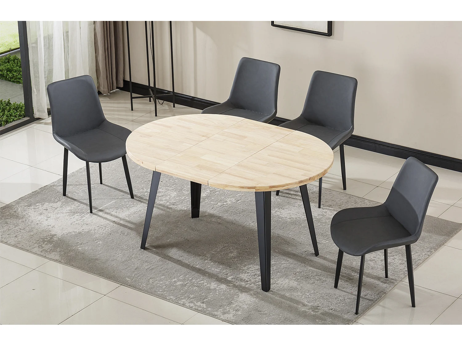 Table à manger ronde extensible coloris chêne nordique, pieds en métal noir - Longueur 100 - 140 - 180 x largeur 100 x Hauteur 76cm