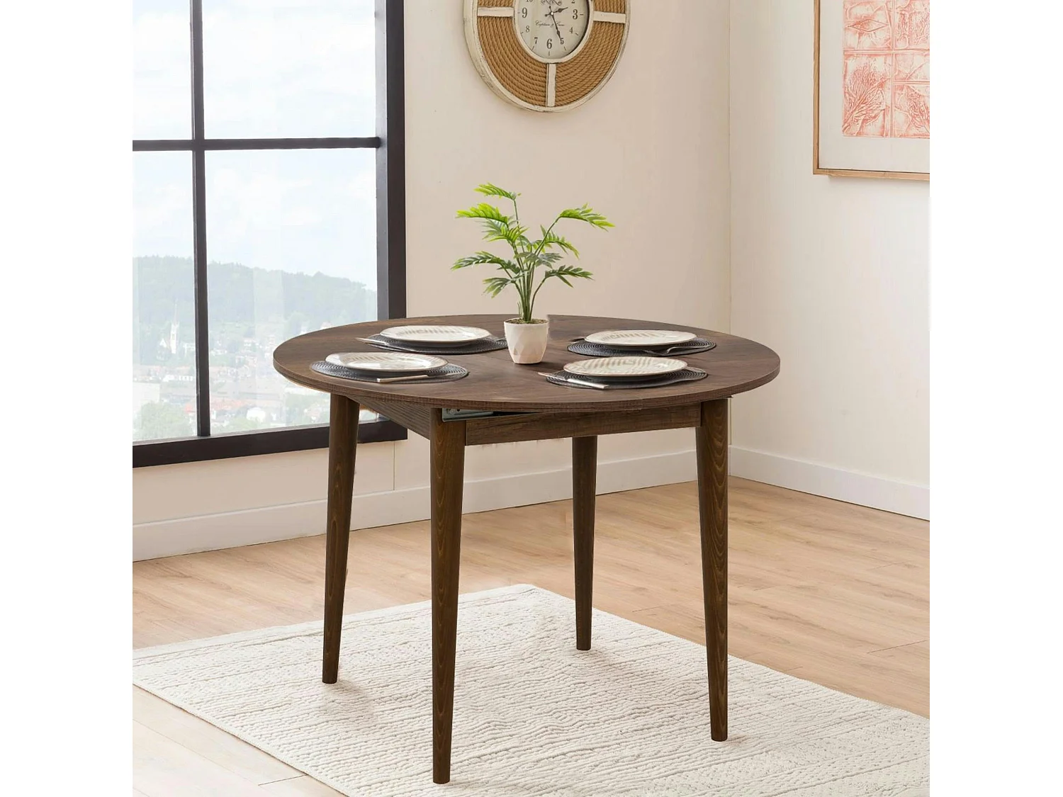 Table ronde extensible effet noyer Ø100-131 cm ORINA