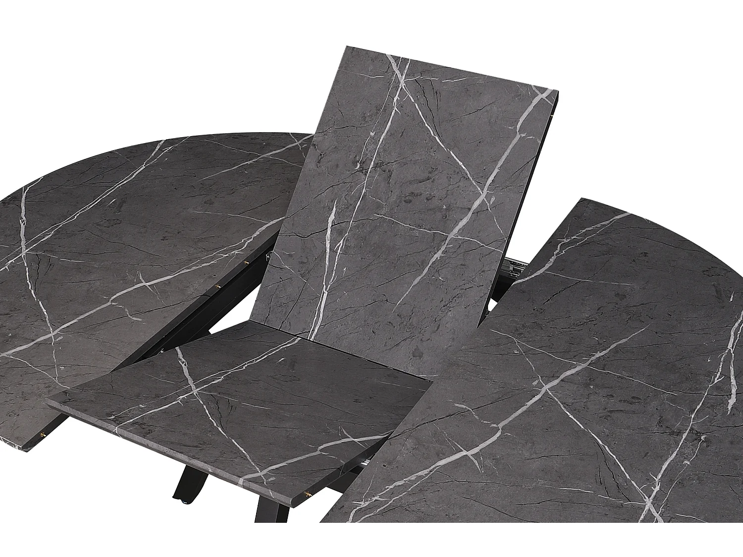 Table à manger ronde extensible coloris effet marbre noir - Longueur 130/160 x Largeur 130 cm x Hauteur 76cm