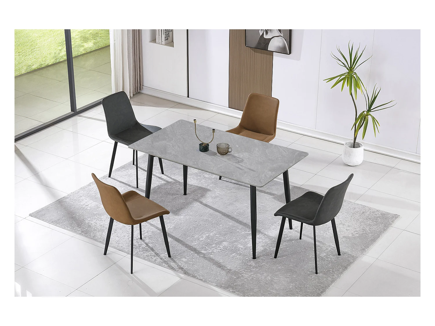Table à manger rectangulaire coloris effet marbre gris et pieds en métal Noir - Longueur 140 x Largeur 80 x Hauteur 75 cm
