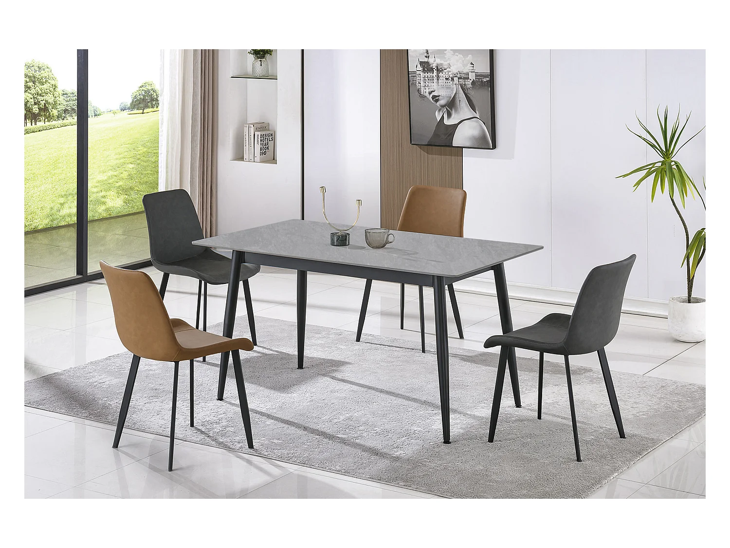 Table à manger rectangulaire coloris effet marbre gris et pieds en métal Noir - Longueur 140 x Largeur 80 x Hauteur 75 cm