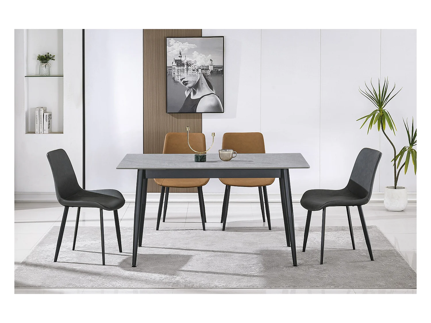 Table à manger rectangulaire coloris effet marbre gris et pieds en métal Noir - Longueur 140 x Largeur 80 x Hauteur 75 cm