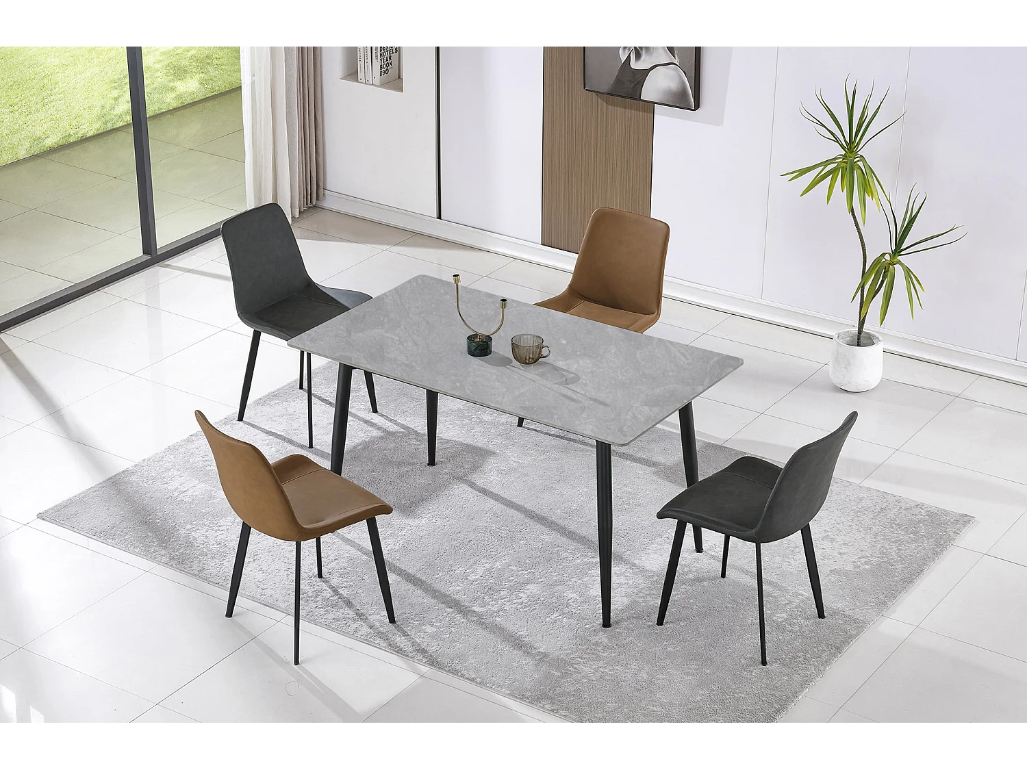 Table à manger rectangulaire coloris effet marbre gris et pieds en métal Noir - Longueur 140 x Largeur 80 x Hauteur 75 cm