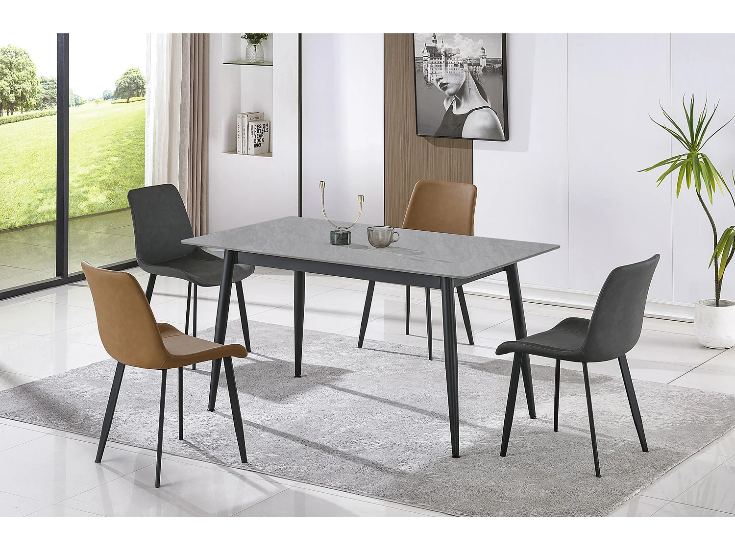 Table à manger rectangulaire coloris effet marbre gris et pieds en métal Noir - Longueur 140 x Largeur 80 x Hauteur 75 cm