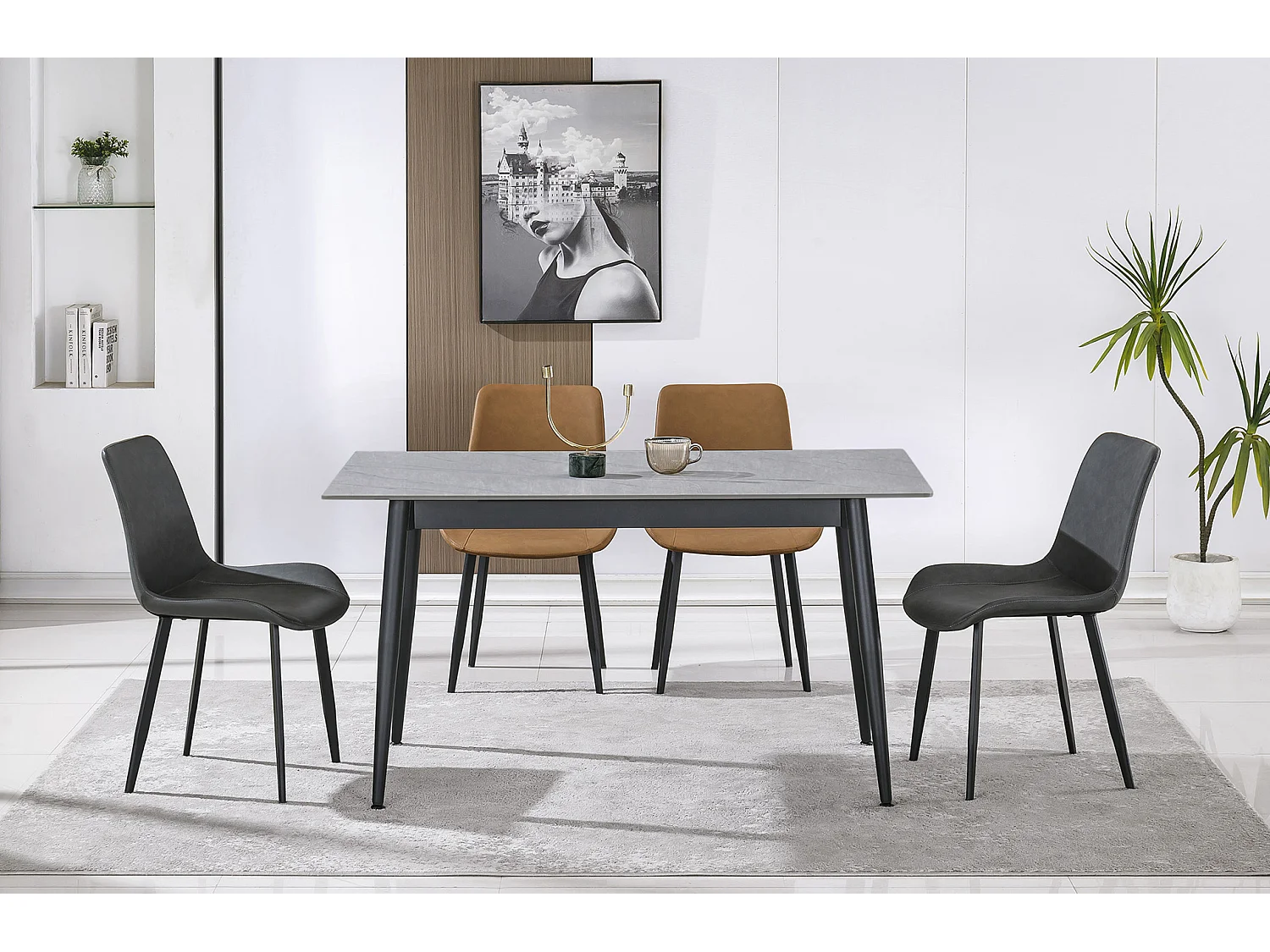 Table à manger rectangulaire coloris effet marbre gris et pieds en métal Noir - Longueur 140 x Largeur 80 x Hauteur 75 cm