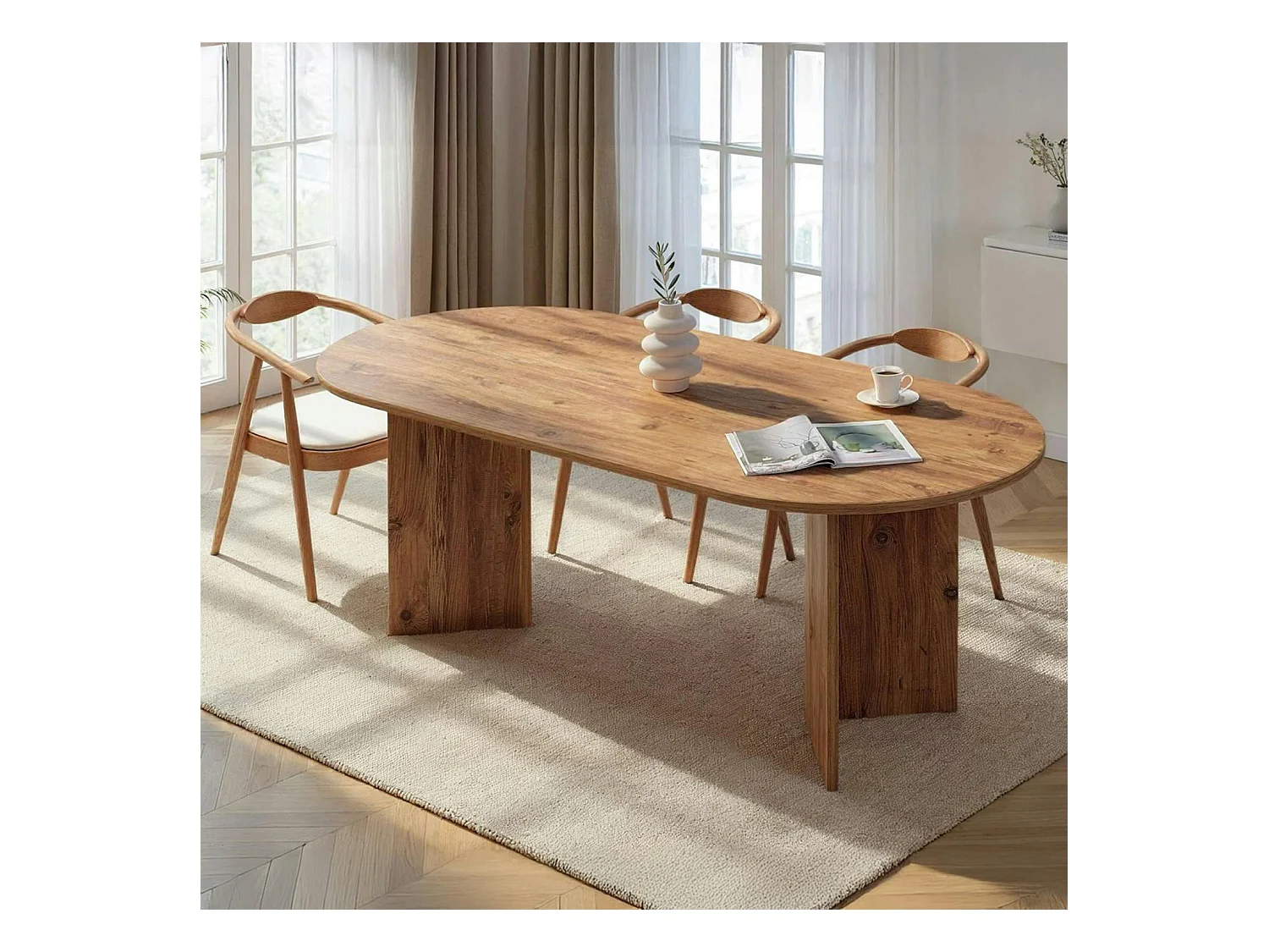 Table à manger ovale effet pin pieds en V 200 cm MARFA