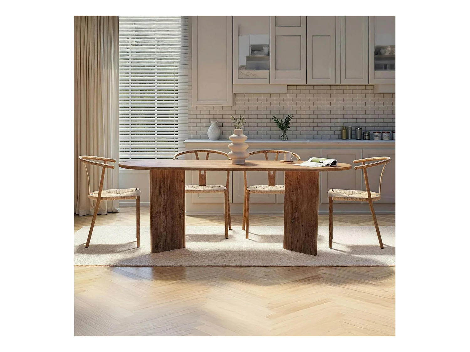 Table à manger ovale effet pin pieds en V 200 cm MARFA