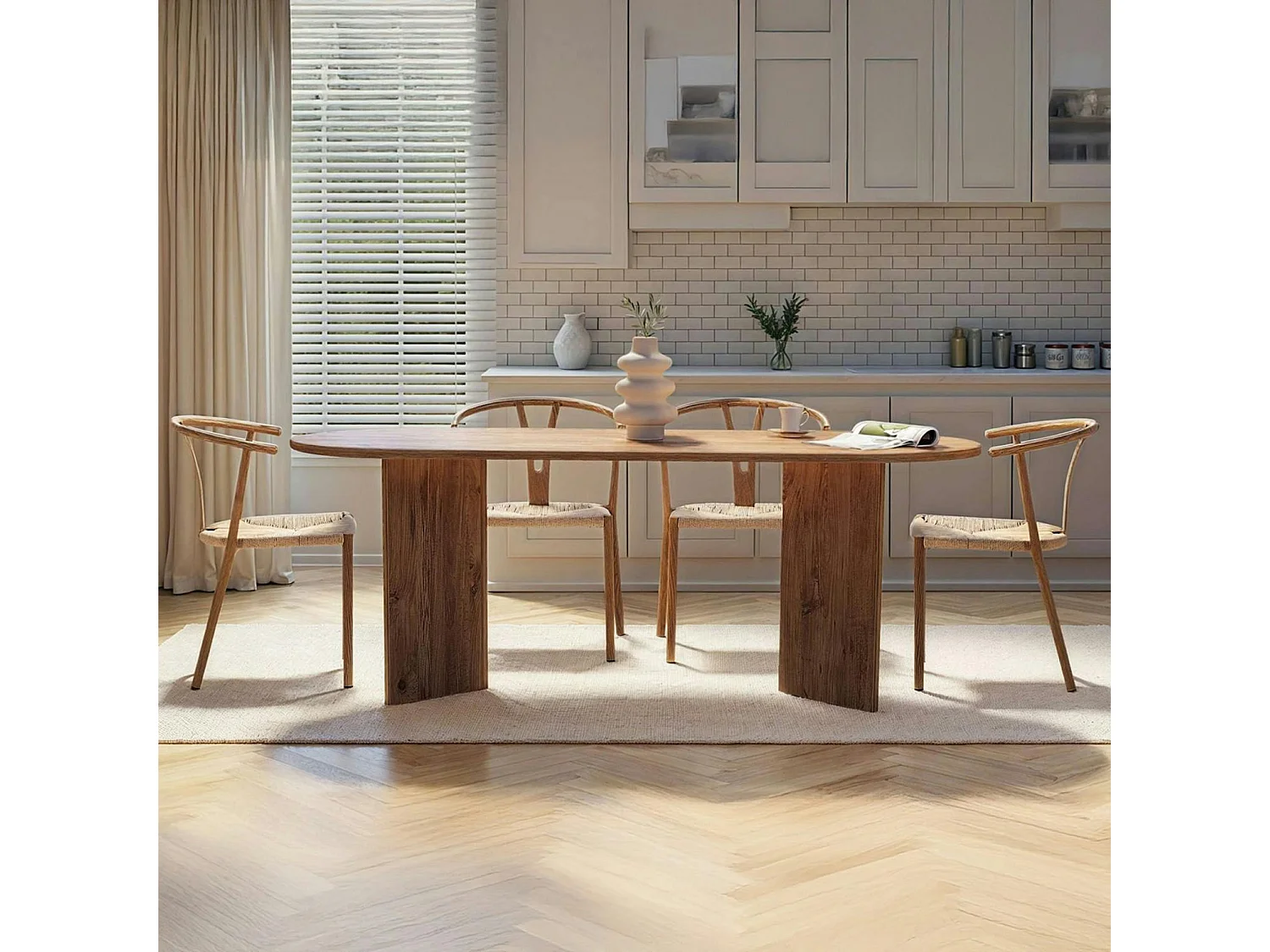 Table à manger ovale effet pin pieds en V 200 cm MARFA